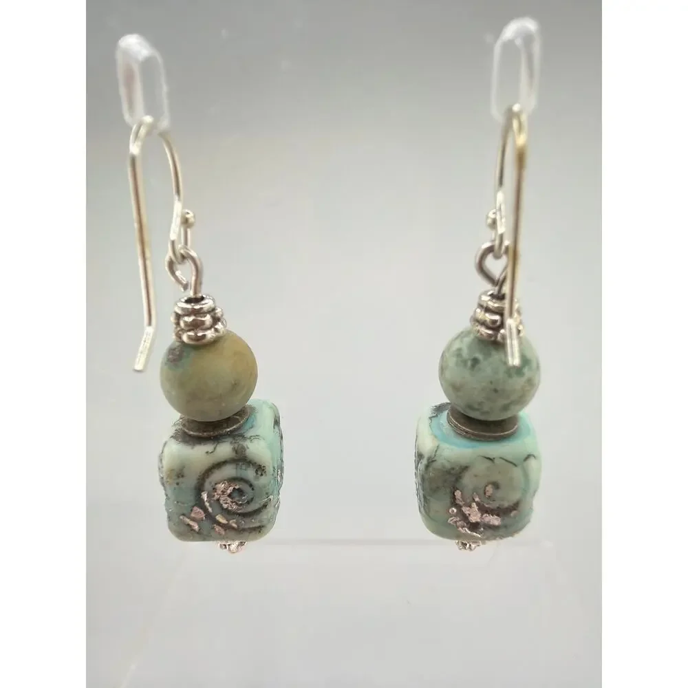 NEW Artisan Handcrafted Raku Pottery and Amazonite Dangle Earrings